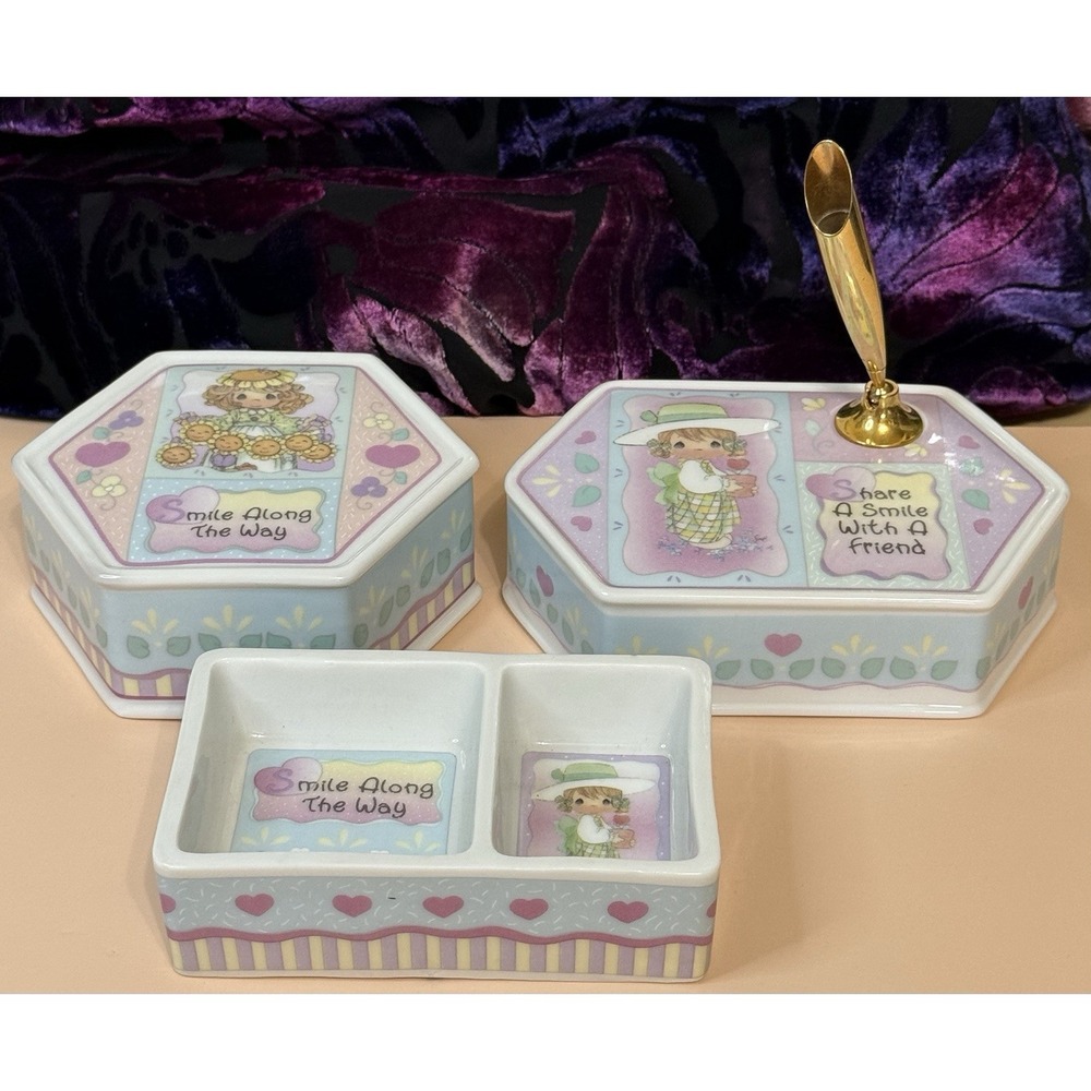 1996 Precious Moments Smile Along The Way Trinket Dish, Pen holder, Box